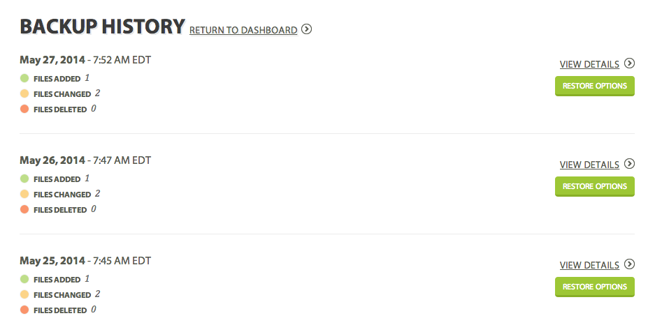 Screenshot of a website's backup history as seen through the user dashboard.