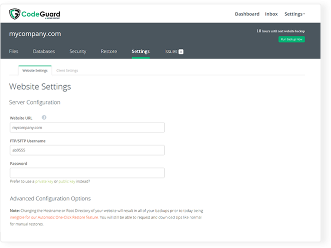 Screenshot of the different monitoring configuration settings that are available to you through the Settings section of the user dashboard.