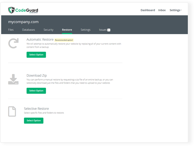 This screenshot from the user dashbaord shows the different restore options that are available to you upon initiating a restore. You can either perform an automatic one-click restore, a manual zip restore, or restore individual files by name.